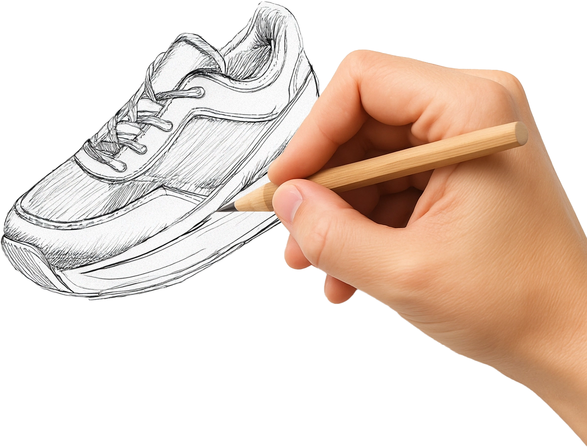 Hand holding a pencil and sketching a shoe