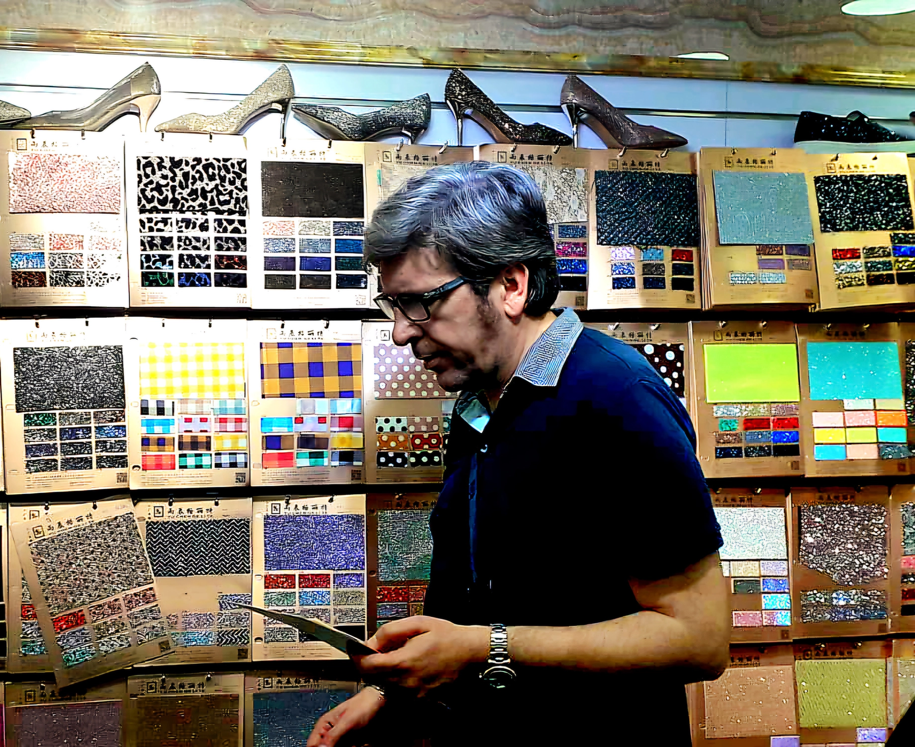Domenico selecting materials in a Chinese showroom